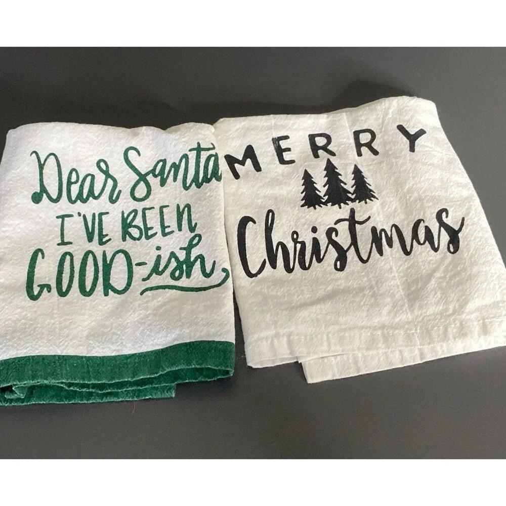 2 Christmas Kitchen Hand Towels Cotton White Holiday Decor